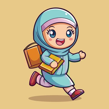 cartoon muslim girl running with books and bag vector