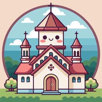 a cartoon church with a smiling face on a white background vector