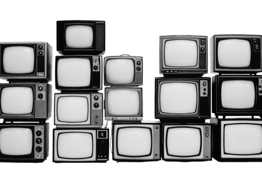 Black and White Photograph of Stacked Vintage Televisions Evoking Nostalgic TV Aesthetics png