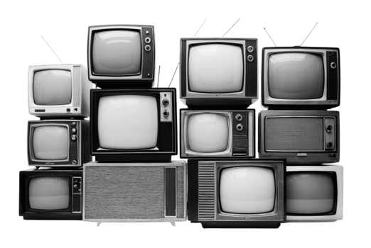 Black and White Photograph of Stacked Vintage Televisions Depicting Iconic Retro Devices png