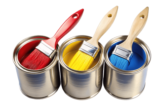 Bright paintbrushes in cans of yellow red and blue png