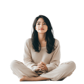 A tranquil Asian woman sitting cross legged in a cozy outfit on a clean transparent background during a serene moment, Asian Women Sitting Cross Legged on transparent background png