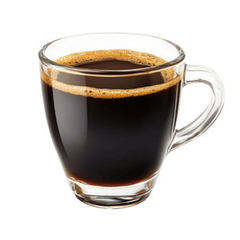Rich black coffee served in a clear glass cup on a pristine transparent background for a minimalist aesthetic, Black coffee in glass cupisolated on transparent background png