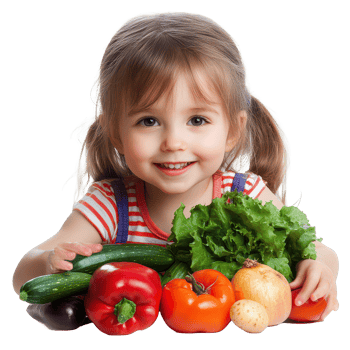 cheerful little girl smiles while showcasing fresh vegetables on a transparent background, beautiful little girl with vegetables on a transparent background png