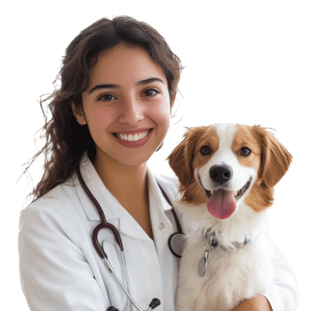 Young veterinarian smiling while holding a happy dog against a bright transparent background, Beautiful young veterinarian with a dog on a transparent background png