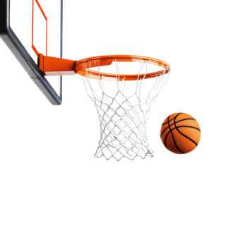 A basketball is soaring through the hoop on a sunny day at a basketball court, basketball going through the net a basketball court, transparent background. png