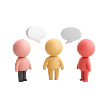 Minimal icon figures engage in conversation with speech bubbles around them in a simple, modern design, 3D Minimal Icon Figures with Speech Bubbles Isolated on transparent background png