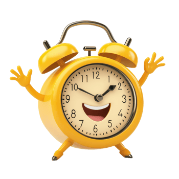 Cheerful cartoon alarm clock character with arms waving, isolated on a bright transparent background, expressing happiness, Alarm clock cartoon character isolated on transparent background png