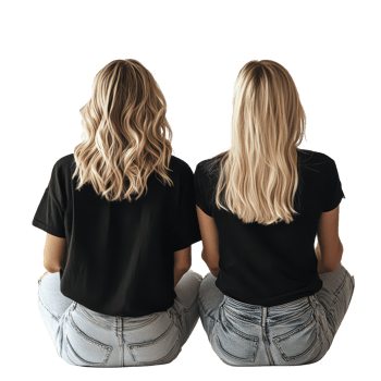 Two blonde women sit cross legged, enjoying a moment together in casual attire against a neutral backdrop, Back View Two Blonde Women Sitting Cross Legged on transparent background png