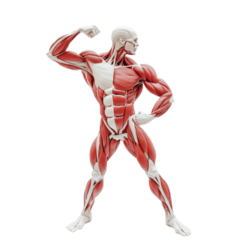 Anatomical muscle flex display showcasing detailed human muscles against a plain transparent background, Anatomical Muscle Flex Display, transparent background. png