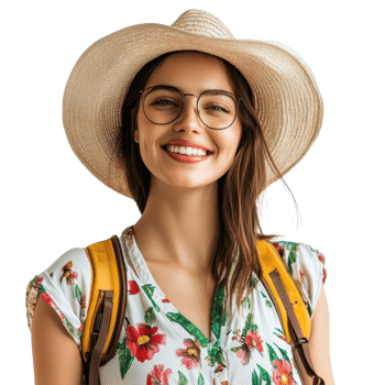 A cheerful woman wearing a straw hat enjoys her summer adventure while traveling with a backpack, a portrait photo of smiling woman in summer travel attire, isolated transparent background png