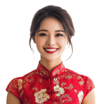 A joyful young Chinese woman in a red dress smiles warmly against a bright transparent background, a portrait photo of beautiful smiling chinese woman in a qipao, isolated transparent background png