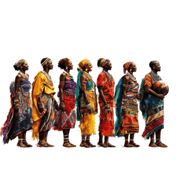 African women in traditional clothing stand in a line against a transparent background, showcasing cultural heritage, african people in traditional clothing, transparent background png
