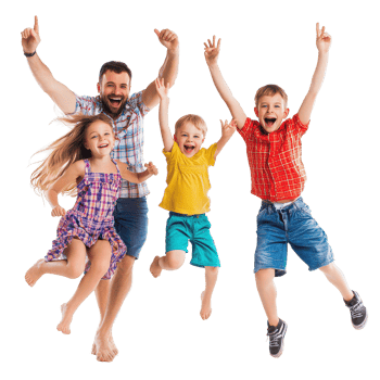 Joyful family jumping together in a bright studio setting, celebrating happiness with children, Beauty fun family with happiness children s, transparent background. png