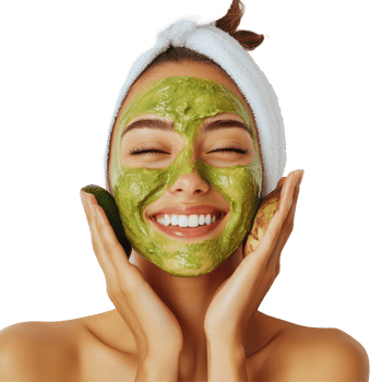 Happy woman applying avocado face mask in a serene studio for glowing skin wellness, Beauty Skincare and Happy Woman in Studio with Avocado Face Mask on transparent background png