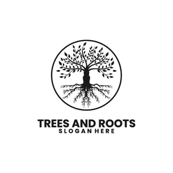 Tree and roots logo illustration. Simple Circle Tree of life logo design inspiration vector