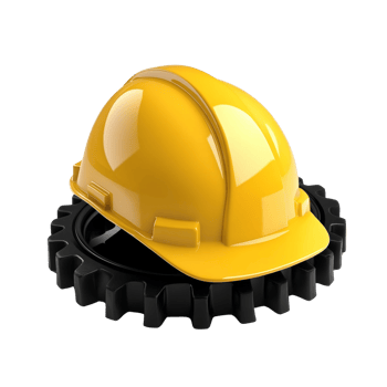 Yellow Hard Hat Resting On A Black Gear. cut out png