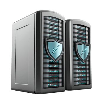Cartoon illustration of secure data servers protected with shields on a transparent background, 3D Cartoon Secure Data Servers with Shields on transparent background png