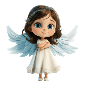 Cartoon angel character with wings standing on a bright background, showcasing innocence and charm, 3D Cartoon Angel Characters on transparent background png