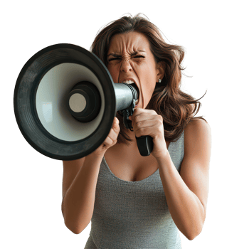 Chic brunette woman passionately shouting into a loudspeaker indoors during a rally or event, A Chic Brunette Lady Shouting into a Loudspeaker, transparent background. png