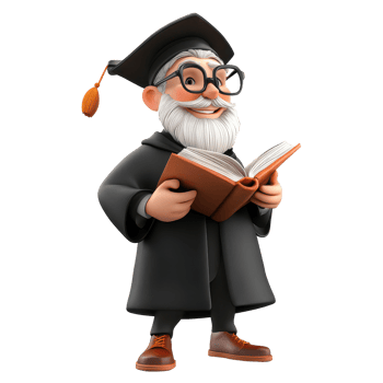 A cheerful scholar character reading a book, wearing a graduation cap against a plain transparent background, 3D Scholar Character on transparent background png