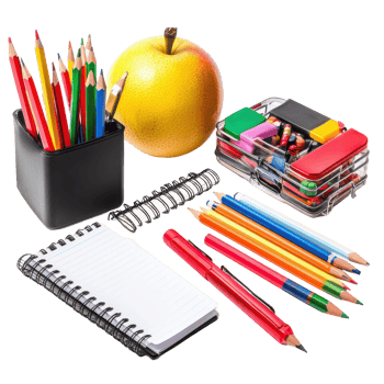 An assortment of back to school supplies including notebooks, pencils, and an apple against a transparent background, Back to school supplies isolated on , transparent background. png
