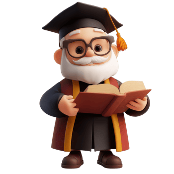 Scholar character wearing a graduation cap and gown, reading a book against a plain transparent background, 3D Scholar Character on transparent background png