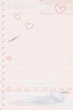 Used old notebook paper vertical background with heart shape doodle line and stained effect graphic illustration have blank space. Valentine's day greeting card childish style. vector