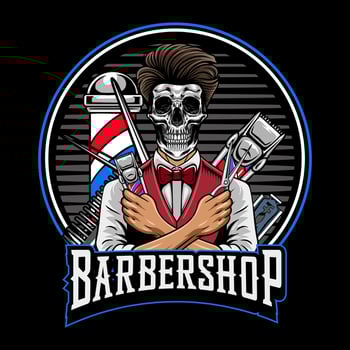 Retro Barbershop Beard Hipster Skull holding Scissor and Electric Trimmer Elements Logotype Badge Illustration vector