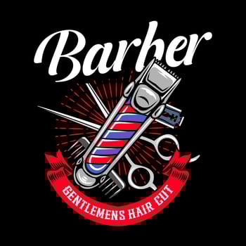 Retro Barbershop with Scissor, razor blade, comb, electric Clipper, and Barber's Pole elements Logotype Badge Illustration vector