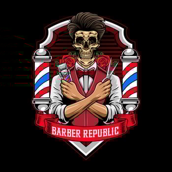 Retro Barbershop Hipster Skull holding Scissor and Electric Trimmer Elements Logotype Badge Illustration vector