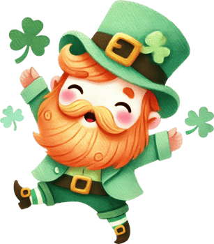 Cheerful Leprechaun Mascot Celebrating St Patrick s Day with Shamrocks and Green Hat png