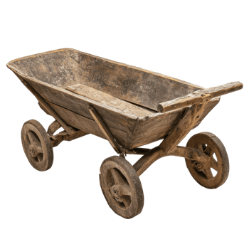 Rustic Wooden Wheelbarrow on transparent background. png