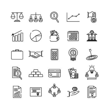 A collection of 25 line icons themed around accounting, auditing, and business. This set features an outline design, business-related symbols, and editable strokes for design illustrations. vector