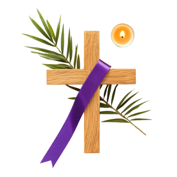 easter cross with purple ribbon and palm leaf on transparent background png