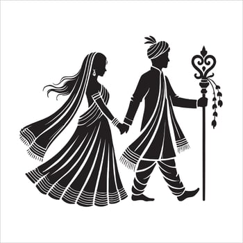 Elegant Wedding Couple Clipart Silhouette of Bride and Groom in Shadi Mandap for Marriage Invitation Card Design Indian couple in traditional dress holding hands vector