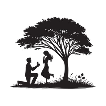 Silhouette of a man proposing to a woman under a tree Romantic Couple Silhouette with Bride and Groom in Proposal Poses, Hugging, and Kissing for Valentine's Day and Weddings vector