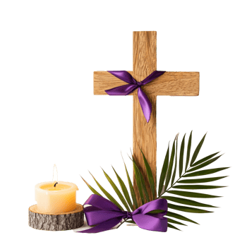 Wooden Cross with purple ribbon and palm leaf and burning candle, lent concept side view isolate on transparent background png