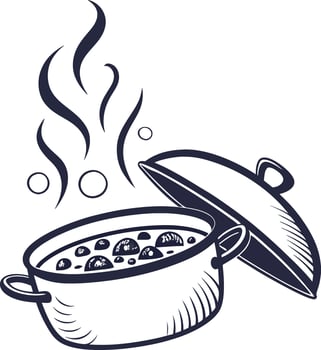 A black and white drawing of a pot with food in it vector
