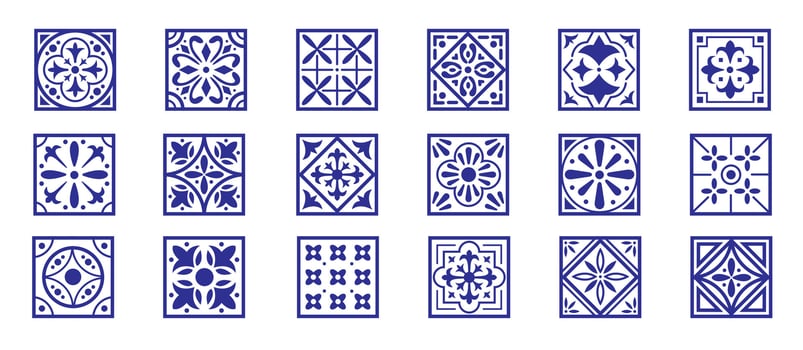 Set of tiles background in blue. Mosaic pattern for ceramic in italian style. Decoration geometric elements. vector