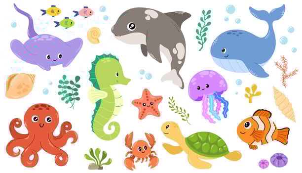 Sea animals. Hand draw sea life elements, shells, corals, seaweed. Kawaii sea life character elements. Marine life cartoon illustration isolated on white background vector