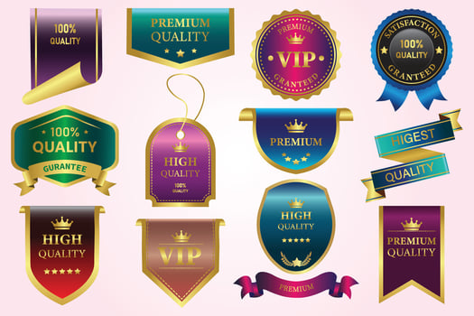Golden luxury labels and badges gold premium quality certificate ribbons illustration vector