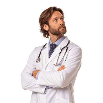 Confident Bearded Doctor in White Coat with Stethoscope and Serious Expression in Professional Studio Portrait png