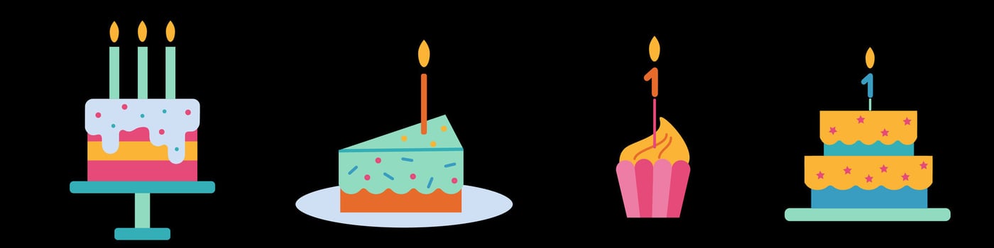 Colorful Birthday Cakes and Cupcakes Illustration with Candles on Black Background vector