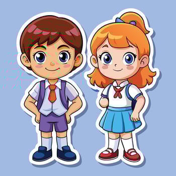 cute kawaii cartoon boy and girl school uniform sticker vector