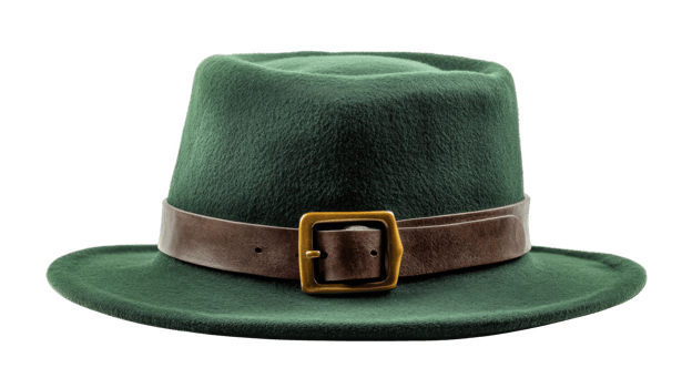 A green leprechaun hat with a brown leather belt and a gold buckle, on a white background png