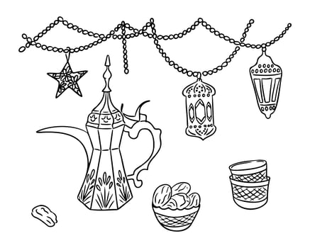 Ramadan black and white doodles with traditional coffee pot, lanterns, dates, cups, and decorative garlands vector