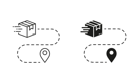 Order Route Sign. Shipment Distance, Pin on Map with Box Line and Silhouette Icon Set. Delivery Service Path Symbol. Editable Stroke. Isolated Illustration vector