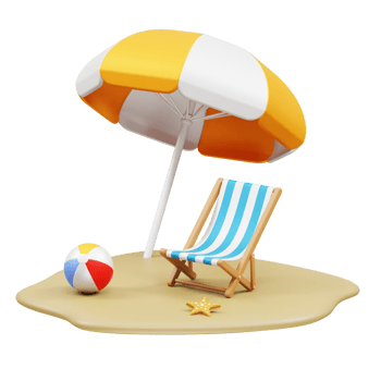 Beach area icon. 3d render beach with parasol, sand bucket, starfish and beach chair icon illustration png