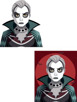 Vampire woman wearing halloween costume posing with bats and red moon background vector